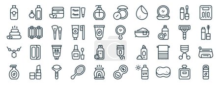 set of 40 outline web beauty icons such as shower gel, hot stones, necklace, soap, razor, scale, blush icons for report, presentation, diagram, web design, mobile app