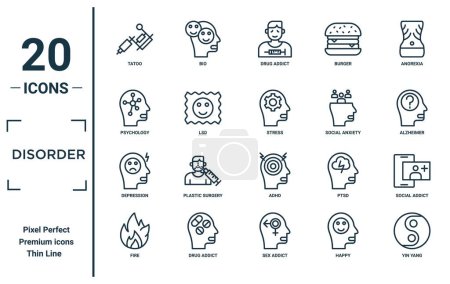 desorden conjunto de iconos lineal. incluye tatoo de línea delgada, psicología, depresión, fuego, yin yang, estrés, iconos de adicto social para el informe, presentación, diagrama, diseño web