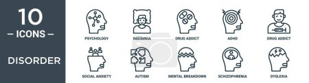 disorder outline icon set includes thin line psychology, insomnia, drug addict, adhd, drug addict, social anxiety, autism icons for report, presentation, diagram, web design