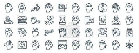 set of 40 outline web disorder icons such as phobia, plastic surgery, psychology, alcoholism, drug addict, dyslexia, burn out icons for report, presentation, diagram, web design, mobile app