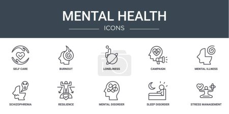 set of 10 outline web mental health icons such as self care, burnout, loneliness, campaign, mental illness, schizophrenia, resilience vector icons for report, presentation, diagram, web design,