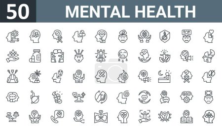 set of 50 outline web mental health icons such as psychotherapy, mental disorder, awareness, addiction, emotional health, anxiety, ptsd vector thin icons for report, presentation, diagram, web