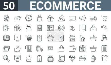 set of 50 outline web ecommerce icons such as badge, discount, clock, ring, delivery box, law, bank card vector thin icons for report, presentation, diagram, web design, mobile app.