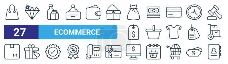 Satz von 27 Umrissen Web-E-Commerce-Symbole wie Einkaufstasche, Diamant, Produkte, Geld, Warenkorb, Geschenk, Online-Geld, Kontaktbuch Vektor dünne Linie Symbole für Web-Design, mobile App.