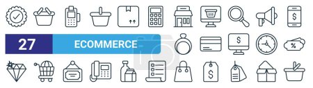 set of 27 outline web ecommerce icons such as badge, shopping basket, pos, online shopping, bank card, shopping, bag, basket vector thin line icons for web design, mobile app.