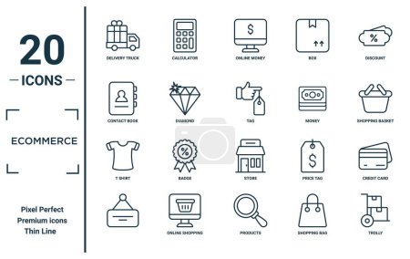 Lineare Symbolsätze für den E-Commerce. Enthält dünne Linie Lieferwagen, Kontaktbuch, T-Shirt,, Trolly, Tag, Kreditkarten-Symbole für Bericht, Präsentation, Diagramm, Webdesign