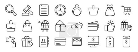 set of 24 outline web ecommerce icons such as products, law, list, clock, ring, shopping basket, money bag vector icons for report, presentation, diagram, web design, mobile app