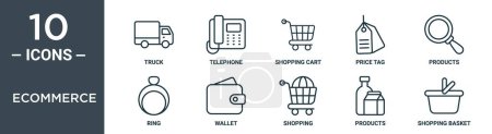 ecommerce outline icon set includes thin line truck, telephone, shopping cart, price tag, products, ring, wallet icons for report, presentation, diagram, web design