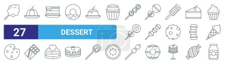 set of 27 outline web dessert icons such as cotton candy, jelly, cake, lollipop, choco balls, chote bar, marshmallow, jam vector thin line icons for web design, mobile app.