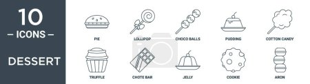 Dessert Umriss Symbolset enthält dünne Linie Kuchen, Lutscher, Schokokugeln, Pudding, Zuckerwatte, Trüffel, chote bar Symbole für Bericht, Präsentation, Diagramm, Web-Design