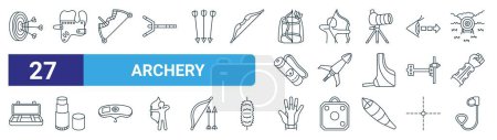 set of 27 outline web archery icons such as target, archery, bow, archer, arrow, tools, glove, resistance band vector thin line icons for web design, mobile app.