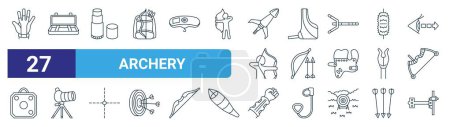 set of 27 outline web archery icons such as glove, case, tools, chest guard, archery, scope, arm guard, aim vector thin line icons for web design, mobile app.