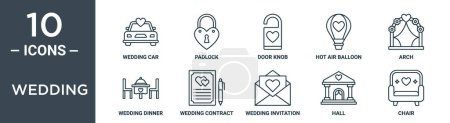 Hochzeitssymbole Set umfasst dünne Linie Hochzeitsauto, Vorhängeschloss, Türknauf, Heißluftballon, Bogen, Hochzeitsessen, Vertragssymbole für Bericht, Präsentation, Diagramm, Webdesign