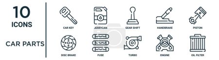 car parts outline icon set such as thin line car key, gear shift, piston, fuse, engine, oil filter, disc brake icons for report, presentation, diagram, web design