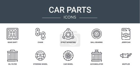 set of 10 outline web car parts icons such as gear shift, chain, strut mounting, ball bearing, jerrycan, oil filter, steering wheel vector icons for report, presentation, diagram, web design, mobile
