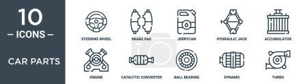 car parts outline icon set includes thin line steering wheel, brake pad, jerrycan, hydraulic jack, accumulator, engine, catalytic converter icons for report, presentation, diagram, web design