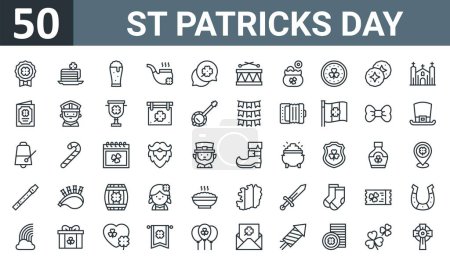 jeu de 50 esquisses web st patricks icônes de jour tels que badge, gâteau, bière, pipe, chat, tambour, argent sac vecteur icônes minces pour rapport, présentation, diagramme, conception web, application mobile.