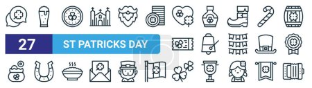 set of 27 outline web st patricks day icons such as chat, beer, coin, whiskey, cowbell, horseshoe, clover, accordion vector thin line icons for web design, mobile app.