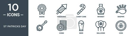 Illustration for St patricks day outline icon set includes thin line badge, fireworks, candy cane, whiskey, bagpipe, , coins icons for report, presentation, diagram, web design - Royalty Free Image