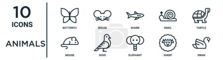 Illustration for Animals outline icon set such as thin line butterfly, shark, turtle, dove, sheep, swan, mouse icons for report, presentation, diagram, web design - Royalty Free Image