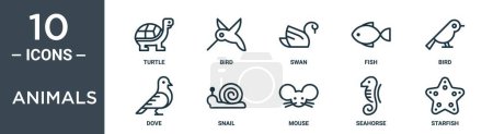 Illustration for Animals outline icon set includes thin line turtle, bird, swan, fish, bird, dove, snail icons for report, presentation, diagram, web design - Royalty Free Image