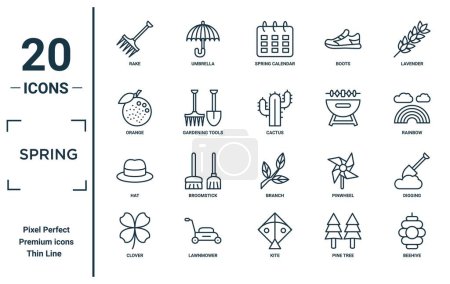 spring linear icon set. includes thin line rake, orange, hat, clover, beehive, cactus, digging icons for report, presentation, diagram, web design