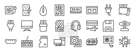 set of 24 outline web computer hardware icons such as cooler, power socket, mouse click, motherboard, ram, ethernet, plug vector icons for report, presentation, diagram, web design, mobile app