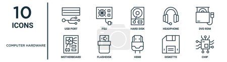 equipo conjunto de iconos esquema de hardware como puerto USB de línea delgada, disco duro, dvd rom, flashdisk, disquete, chip, iconos de la placa base para el informe, presentación, diagrama, diseño web