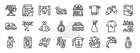 Satz von 24 umrissenen Web-Wäschesymbolen wie Bügelbrett, Waschmaschine, Trocknen, kein Dampf, Wäscheservice, Handtuch, Sockenvektorsymbole für Bericht, Präsentation, Diagramm, Webdesign, mobile App