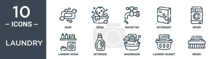 laundry outline icon set includes thin line soap, rinse, water tap, detergent, dryer, laundry room, detergen icons for report, presentation, diagram, web design