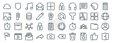 Set von 40 umrissenen Web-Benutzeroberflächensymbolen wie Schild, Foto, Wecker, Flagge, Kategorie, Taschenrechner, Freischaltsymbole für Bericht, Präsentation, Diagramm, Webdesign, mobile App