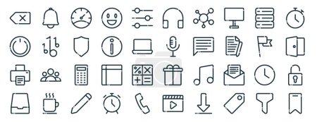 set of 40 outline web user interface icons such as notification bell, power, printer, archive, flag, stopwatch, headphone icons for report, presentation, diagram, web design, mobile app