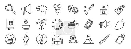 set of 24 outline web ramadan and eid icons such as tasbih, megaphone, sheep, balloons, lemon slice, firecracker, mosque vector icons for report, presentation, diagram, web design, mobile app