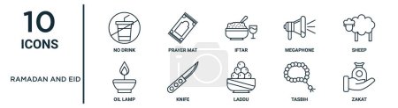 ramadan and eid outline icon set such as thin line no drink, iftar, sheep, knife, tasbih, zakat, oil lamp icons for report, presentation, diagram, web design