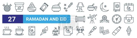 set of 27 outline web ramadan and eid icons such as disco ball, takeaway, laddu, iftar, telescope, teacup, island, ice cream vector thin line icons for web design, mobile app.