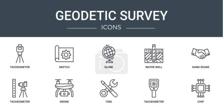 Illustration for Set of 10 outline web geodetic survey icons such as tacheometer, sketch, globe, water well, hand shake, tacheometer, drone vector icons for report, presentation, diagram, web design, mobile app - Royalty Free Image