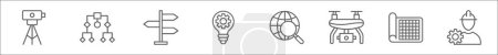 Illustration for Outline set of geodetic survey line icons. linear vector icons such as tacheometer, hierarchy, , bulb, search, drone, sketch, worker - Royalty Free Image