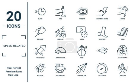 Illustration for Speed related linear icon set. includes thin line clock, balloon, firecracker, booster, booster, video, human brain icons for report, presentation, diagram, web design - Royalty Free Image