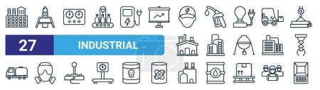set of 27 outline web industrial icons such as industry, processing plant, multimeter, fuel nozzle, storage tank, gas mask, oil refinery, atm vector thin line icons for web design, mobile app.