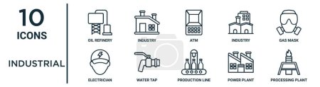 industrial outline icon set such as thin line oil refinery, atm, gas mask, water tap, power plant, processing plant, electrician icons for report, presentation, diagram, web design