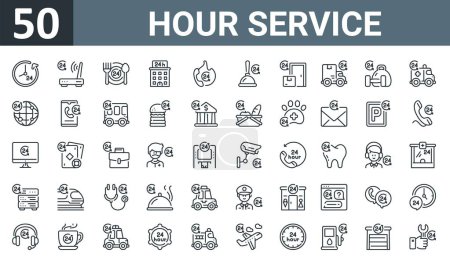 Set von 50 umrissenen Web-Stunden-Service-Symbole wie Stunden, Wifi, Food Service, Hotel, Call Center, Sanitär, Liefervektor dünne Symbole für Bericht, Präsentation, Diagramm, Web-Design, mobile App.
