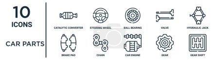 jeu d'icônes de contour de pièces de voiture telles que convertisseur catalytique à ligne mince, roulement à billes, vérin hydraulique, chaîne, engrenage, changement de vitesse, icônes de plaquette de frein pour rapport, présentation, diagramme, conception Web