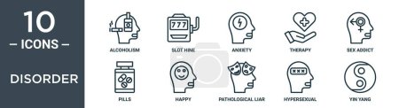 disorder outline icon set includes thin line alcoholism, slot hine, anxiety, therapy, sex addict, pills, happy icons for report, presentation, diagram, web design