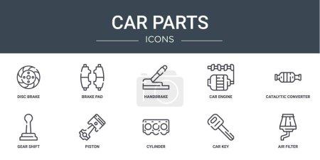 set of 10 outline web car parts icons such as disc brake, brake pad, handbrake, car engine, catalytic converter, gear shift, piston vector icons for report, presentation, diagram, web design, mobile