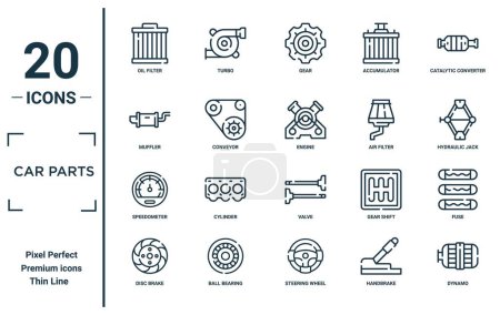 car parts linear icon set. includes thin line oil filter, muffler, speedometer, disc brake, dynamo, engine, fuse icons for report, presentation, diagram, web design