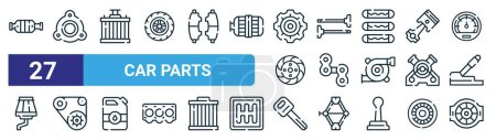 set of 27 outline web car parts icons such as catalytic converter, strut mounting, accumulator, valve, chain, conveyor, car key, turbo engine vector thin line icons for web design, mobile app.