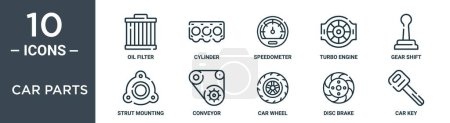 car parts outline icon set includes thin line oil filter, cylinder, speedometer, turbo engine, gear shift, strut mounting, conveyor icons for report, presentation, diagram, web design