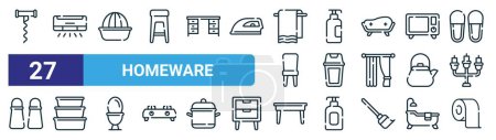 set of 27 outline web homeware icons such as corkscrew, ac, squeezer, hand sanitizer, trash bin, food container, dining table, toilet paper vector thin line icons for web design, mobile app.