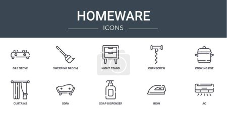 set of 10 outline web homeware icons such as gas stove, sweeping broom, night stand, corkscrew, cooking pot, curtains, sofa vector icons for report, presentation, diagram, web design, mobile app