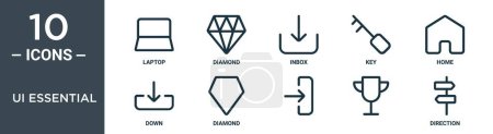 ui ensemble d'icônes de contour essentiel comprend ordinateur portable à ligne mince, diamant, boîte de réception, clé, maison, vers le bas, icônes de diamant pour rapport, présentation, diagramme, conception web